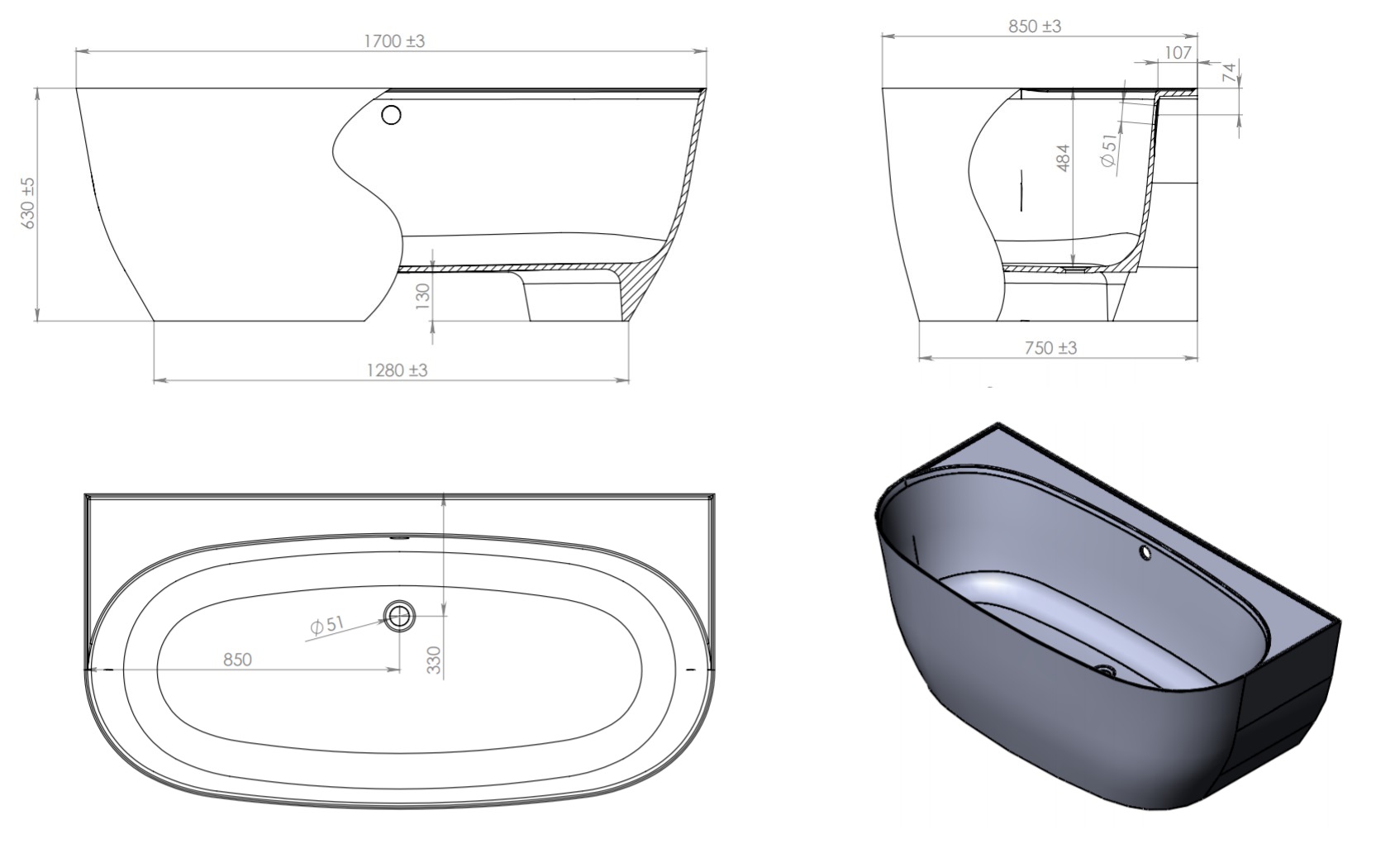 Ванна пристенная 170x85 из литьевого мрамора Astra-Form Атрия