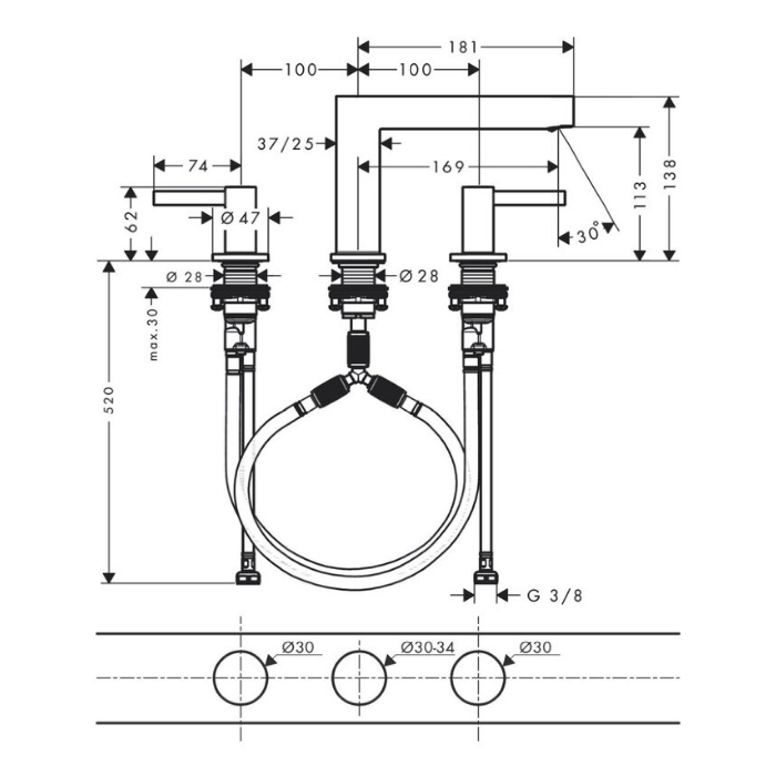 76033670 Hansgrohe Finoris Смеситель для раковины, 3 отв., с донным клапаном Push-Open, цвет: черный матовый