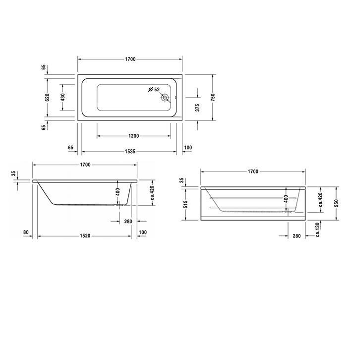 Duravit D-Code  Ванна акриловая 170х75x40см., встраиваемая, с 1 наклоном для спины, выпуск в зоне ног, цвет: белый