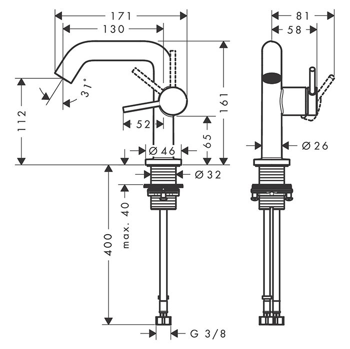 73320670 Hansgrohe Tecturis S Смеситель для раковины, на 1 отв., донным клапаном, цвет: черный матовый