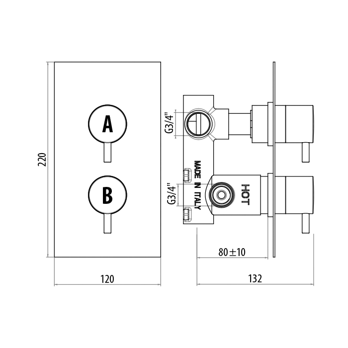 GATTONI FLAT Termostatici смеситель для душа 2 рычага на 2 выхода, цвет хром TS991/22C0.M