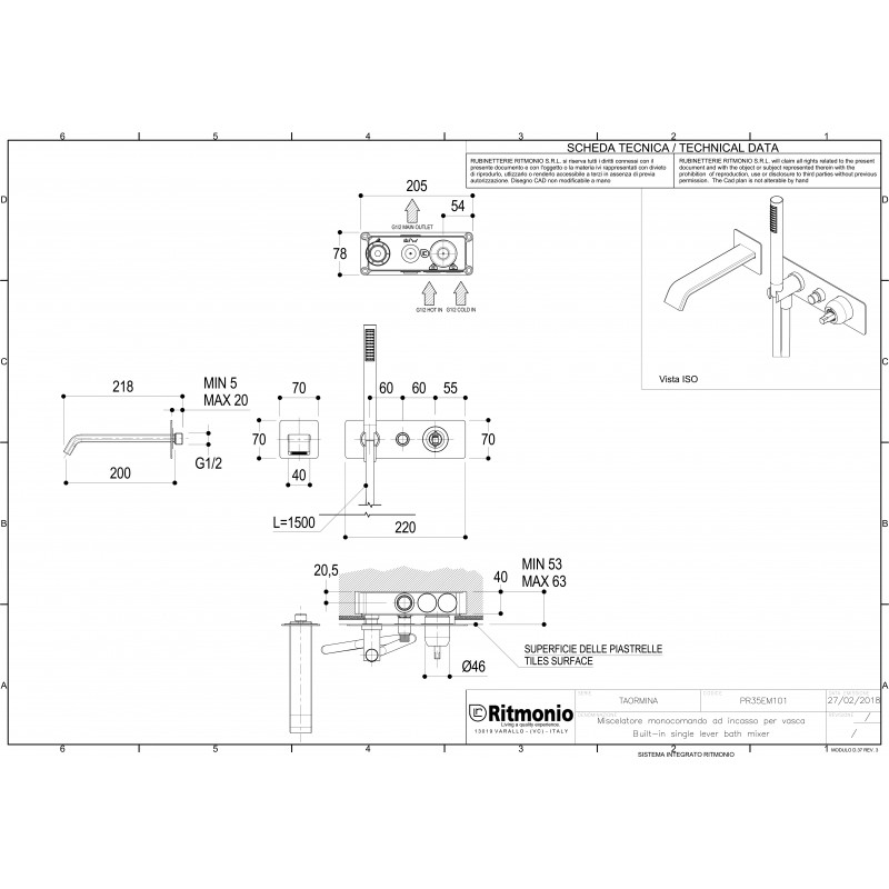 Смеситель для ванны Ritmonio Taormina PR35EN101CRL+PR35MC101CRL хром