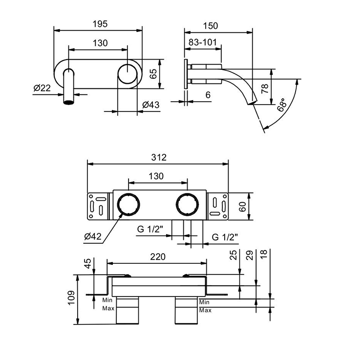 Fantini Nice Смеситель для раковины, настенный, излив: 150 мм, цвет: хром 65 02 S010SB