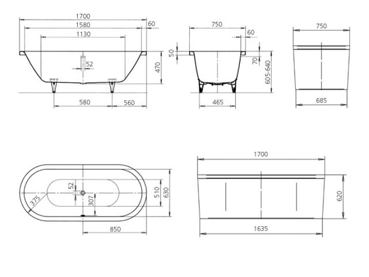 Ванна стальная 170X75 овальная KALDEWEi CENTRO DUO OVAL 127 черный матовый с цельнолитьевой панелью