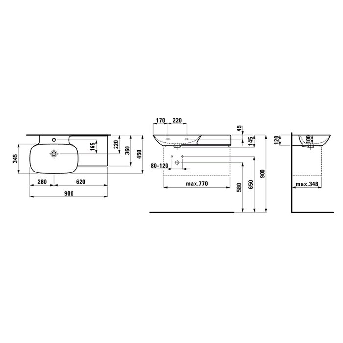 Laufen INO Раковина 90х45х12 см, 1 отв., полка справа, покрытие LLC, цвет: белый 8.1330.2.400.104.1