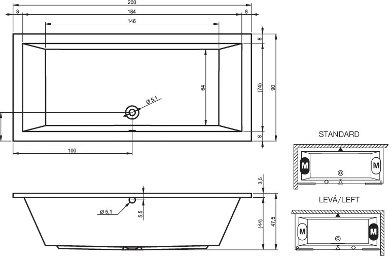 Ванна акриловая RIHO Lusso 200x90 без гидромассажа BA6000500000000