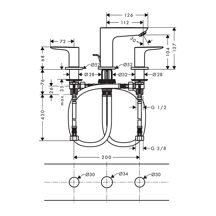 Hansgrohe Talis E Смеситель для раковины 150, на 3 отв, с донным клапаном, излив 112мм, цвет: шлифованный черный хром 71733340