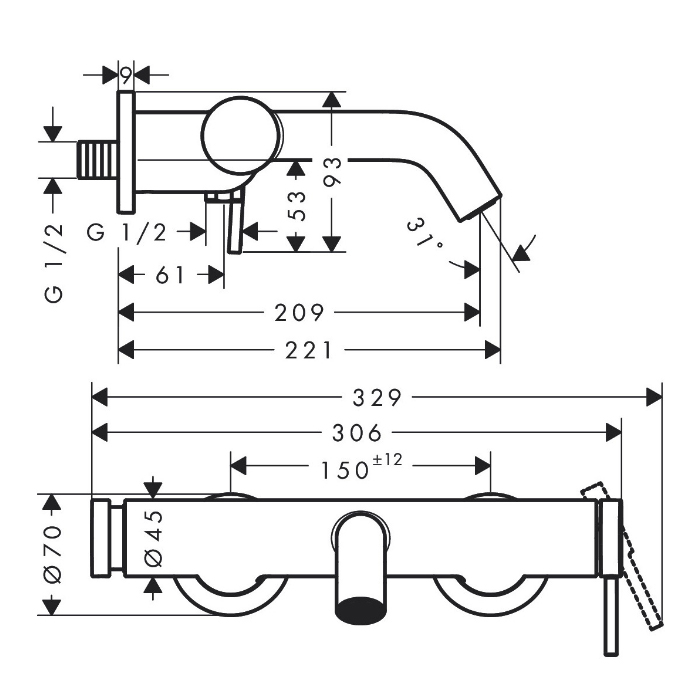 73422000 Hansgrohe Tecturis S Смеситель для ванны, настенный, цвет: хром