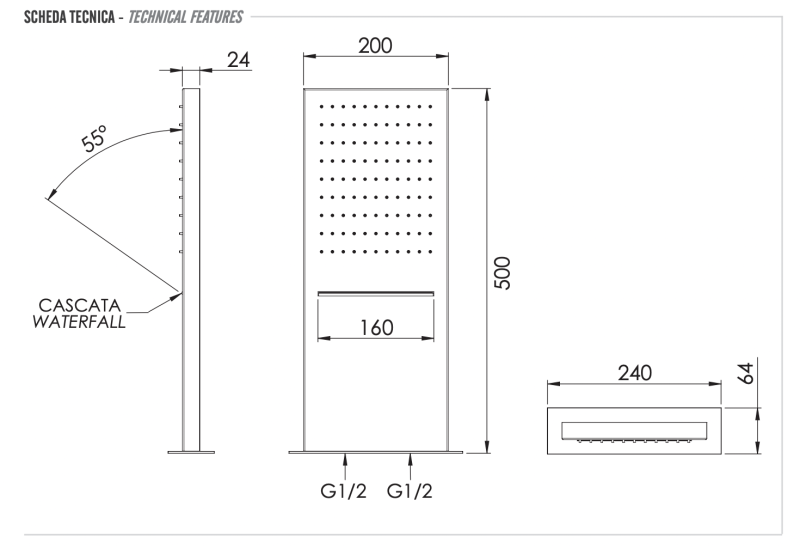 Верхний душ настенный 50x20 см Remer 350SSCANOX, черный матовый