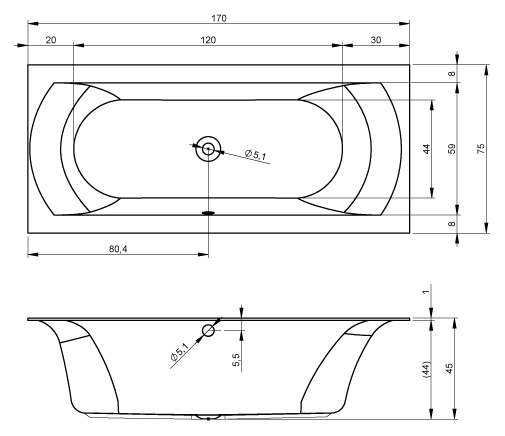 Ванна акриловая 170x75 RIHO Linares R BT4400500000000