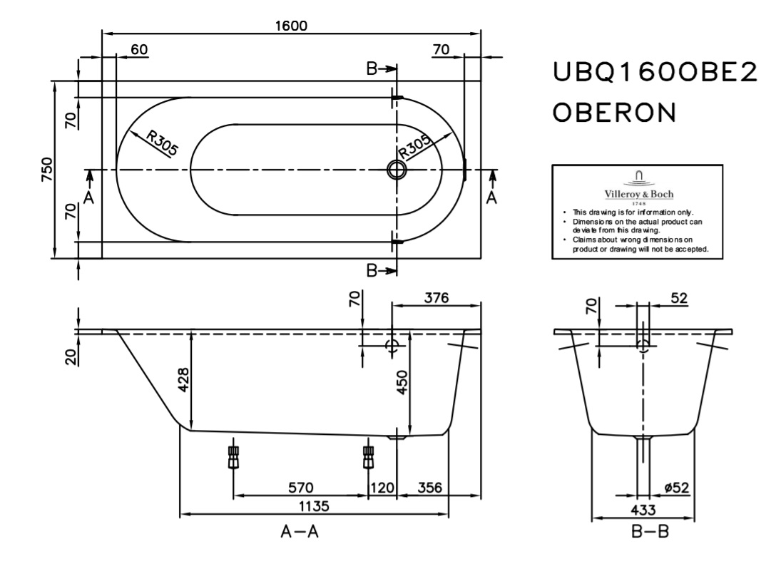 Ванна 160x75 Villeroy & Boch OBERON UBQ160OBE2V-01