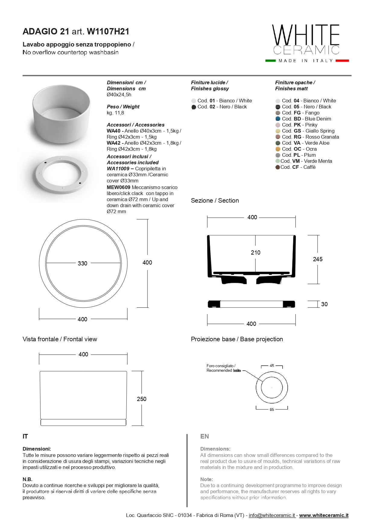 White Ceramic Adagio, накладная круглая раковина Ø40x24,5h см, с накладкой, донным клапаном и керамическим кольцом Ø42 см, цвет белый глянцевый W1107H2101