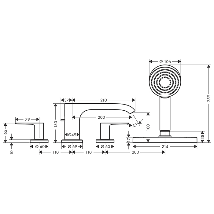Hansgrohe Vernis Смеситель на борт ванны, на 4 отв., с ручной лейкой, цвет: хром 75444000