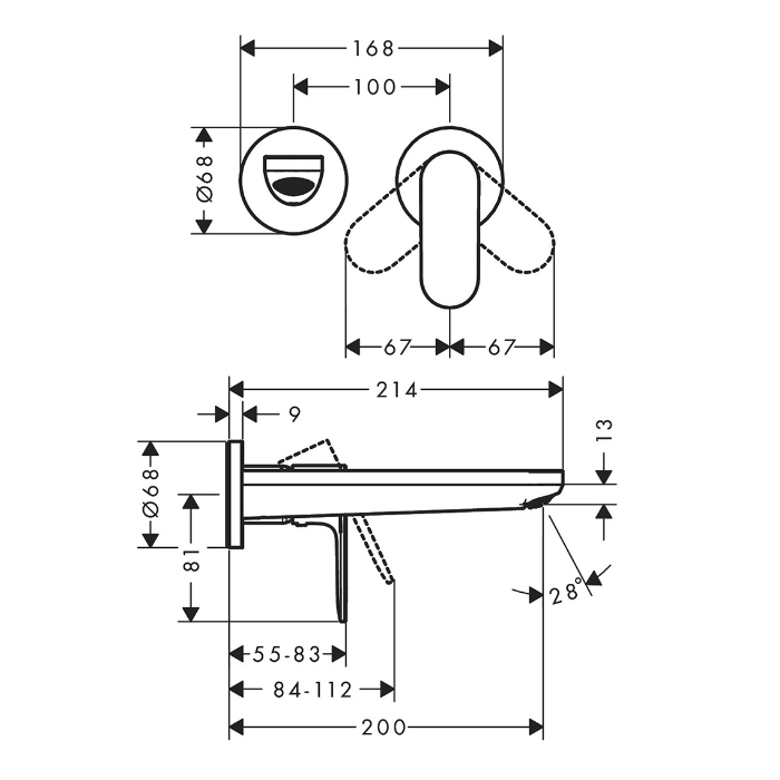 72528670 Hansgrohe Rebris S Смеситель для раковины, настенный, цвет: черный матовый