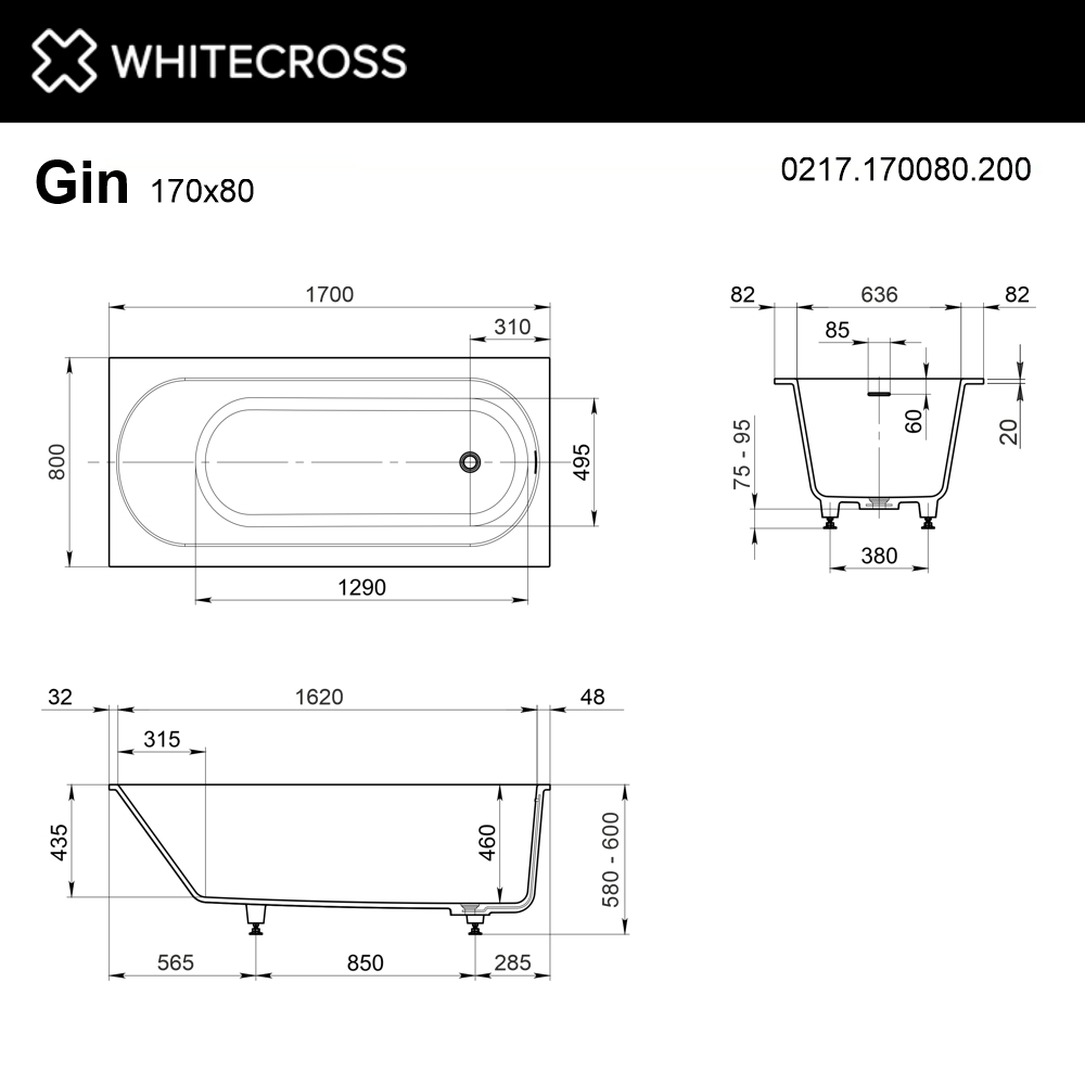 Ванна из искусственного камня 170x80 WHITECROSS Gin (белый мат)