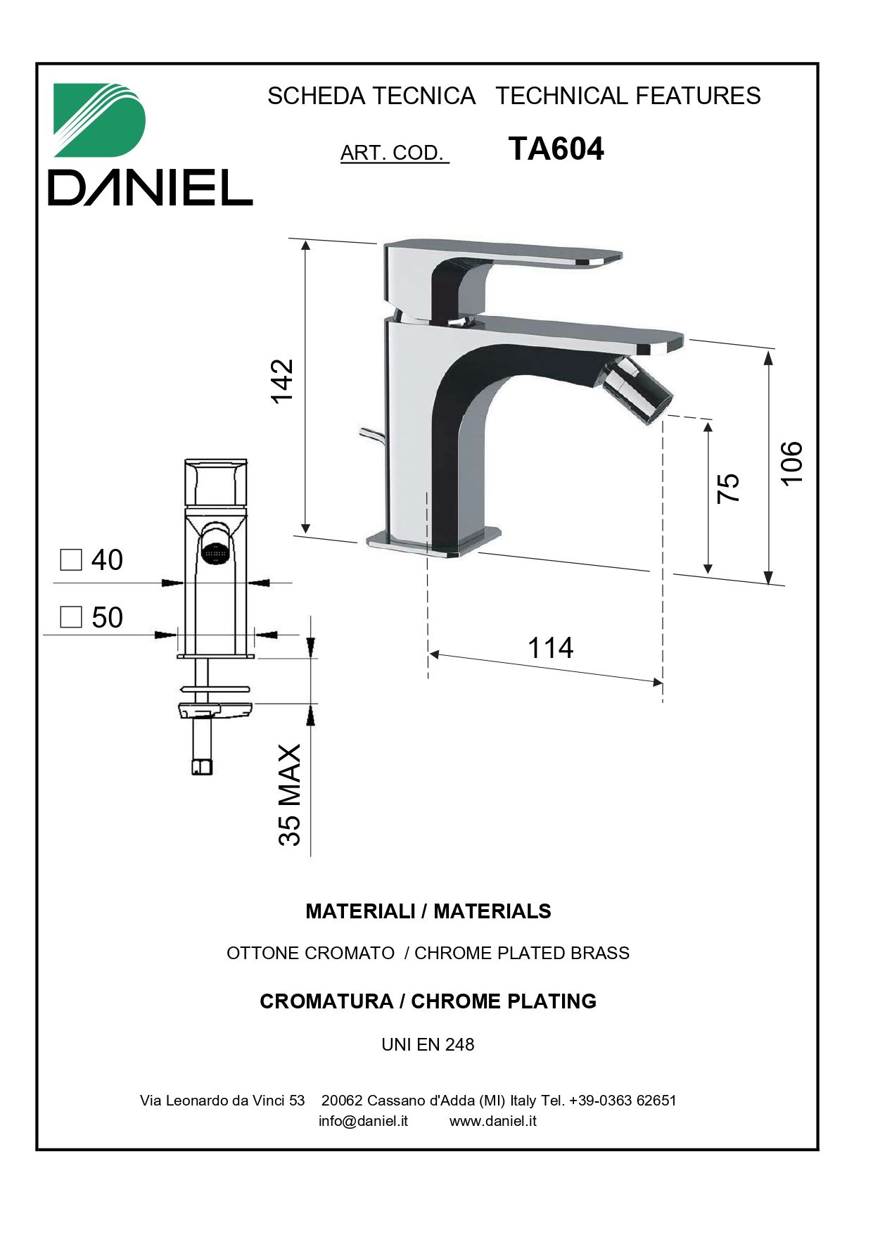 Daniel Tiara, однорычажный смеситель для биде, с донным клапаном, цвет хром TA604-CR