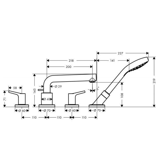 Hansgrohe Talis S, Смеситель на край ванны, на 4 отверстия, Цвет: хром 72418000