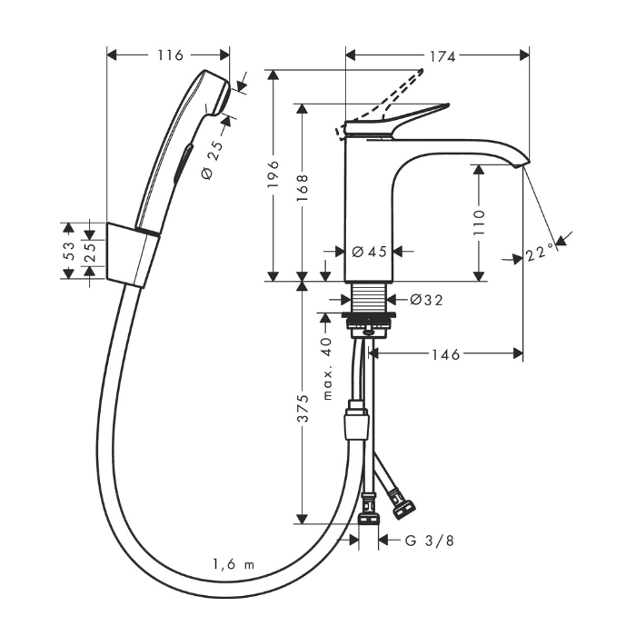 75210000 Hansgrohe Vivenis Смеситель для раковины, 1 отв., с набором для биде и со шлангом 160см., цвет: хром