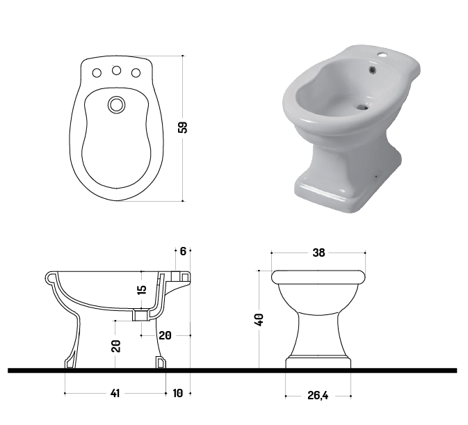 Disegno ceramica Paolina, напольное биде 58 см. c 3 отверстиями под смеситель PA00600301 ORO белый/золото