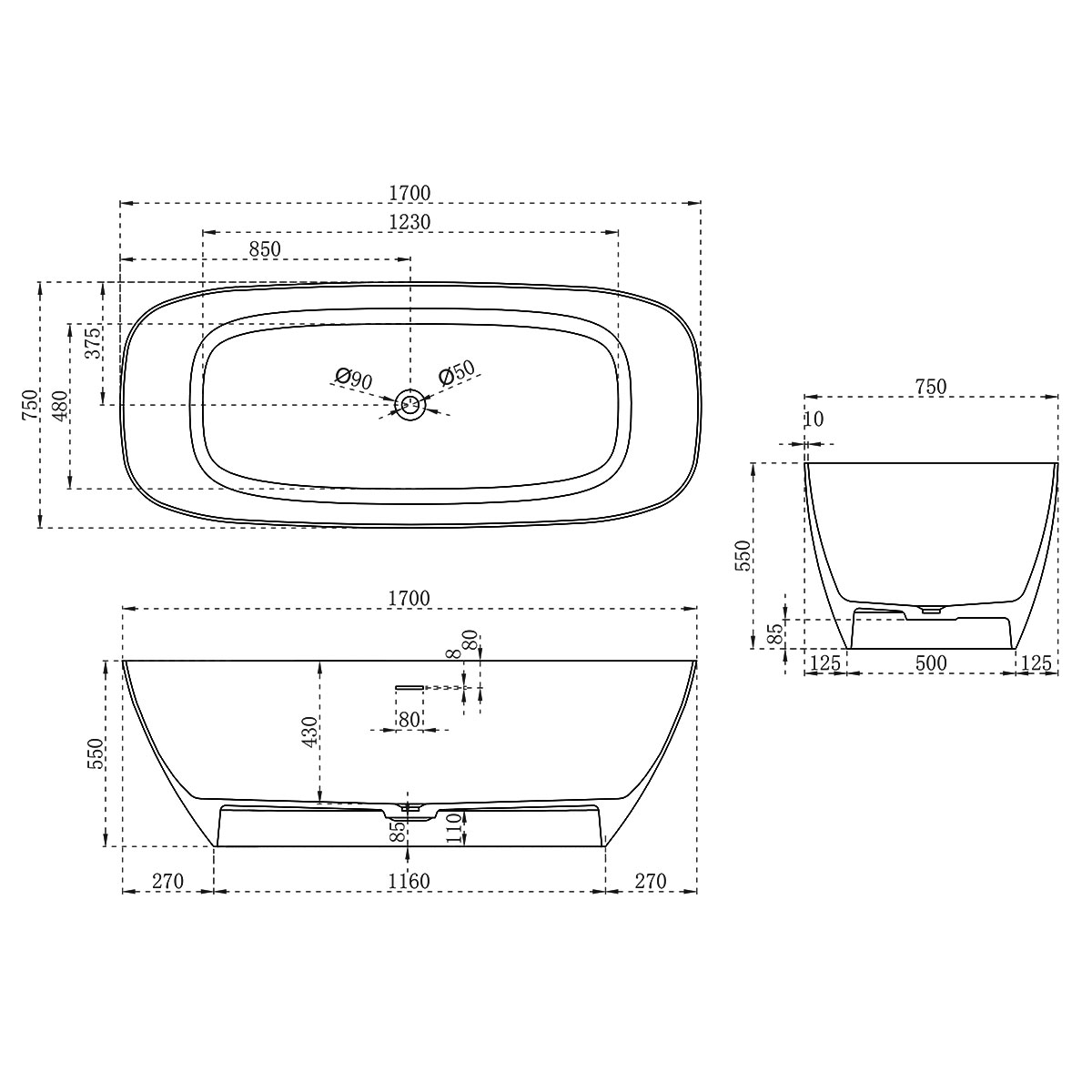 Ванна из искусственного камня Vincea VBT-6S02MW, 1700*720*550, белый мат., слив-перелив в комплекте