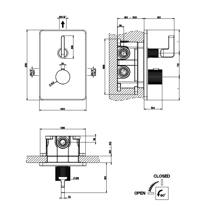 Gessi Inciso Смеситель для душа с переключателем на 1 выход, термостатический, внешняя часть, цвет: золото 58132#246