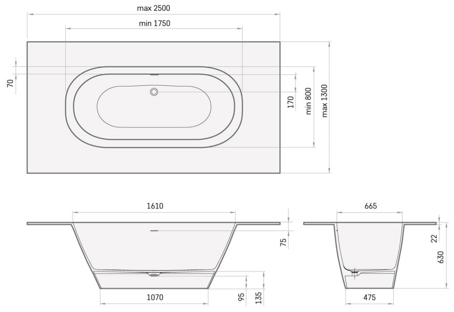 Ванна столешница 250x130 из искусственного камня Silkstone PAA Deco Shape