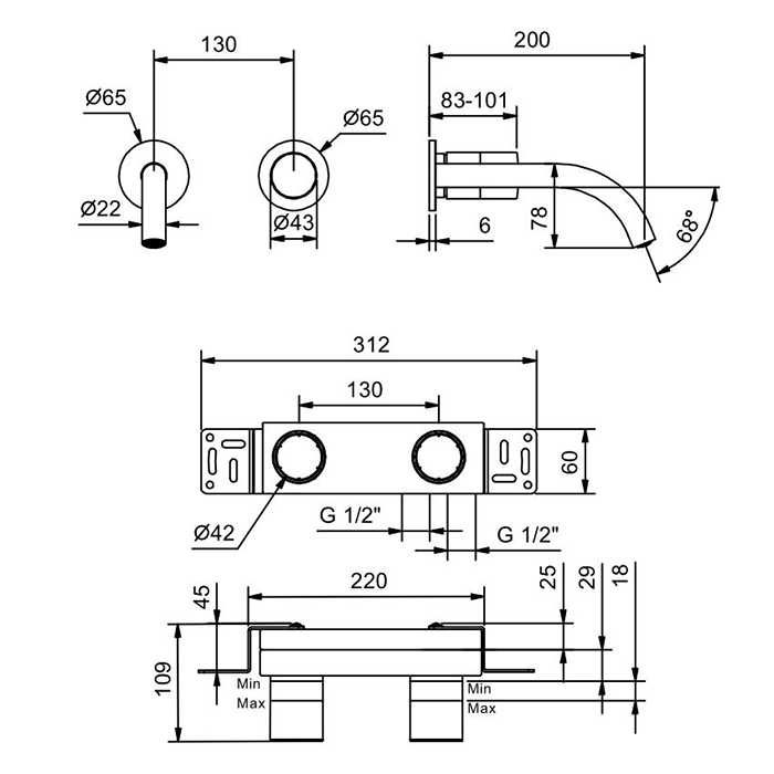 Fantini Nice Смеситель для раковины, настенный, излив: 200 мм, цвет: хром 65 02 S011SB