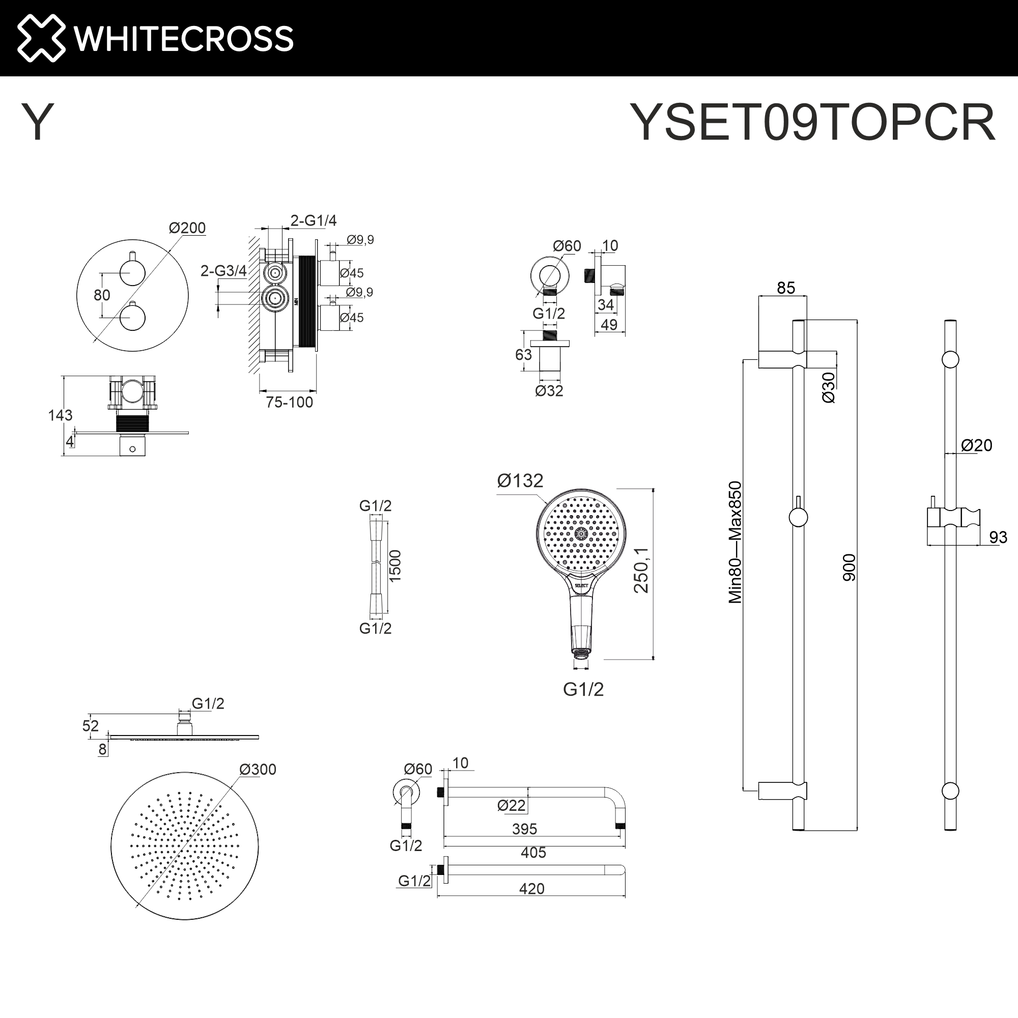 Термостатическая душевая система скрытого монтажа WHITECROSS YSET09TOPCR (хром)