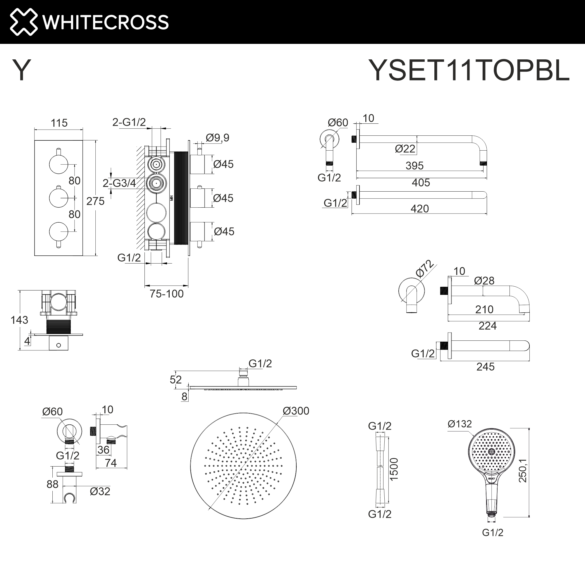 Термостатическая система для ванны скрытого монтажа WHITECROSS YSET11TOPBL (черный мат)