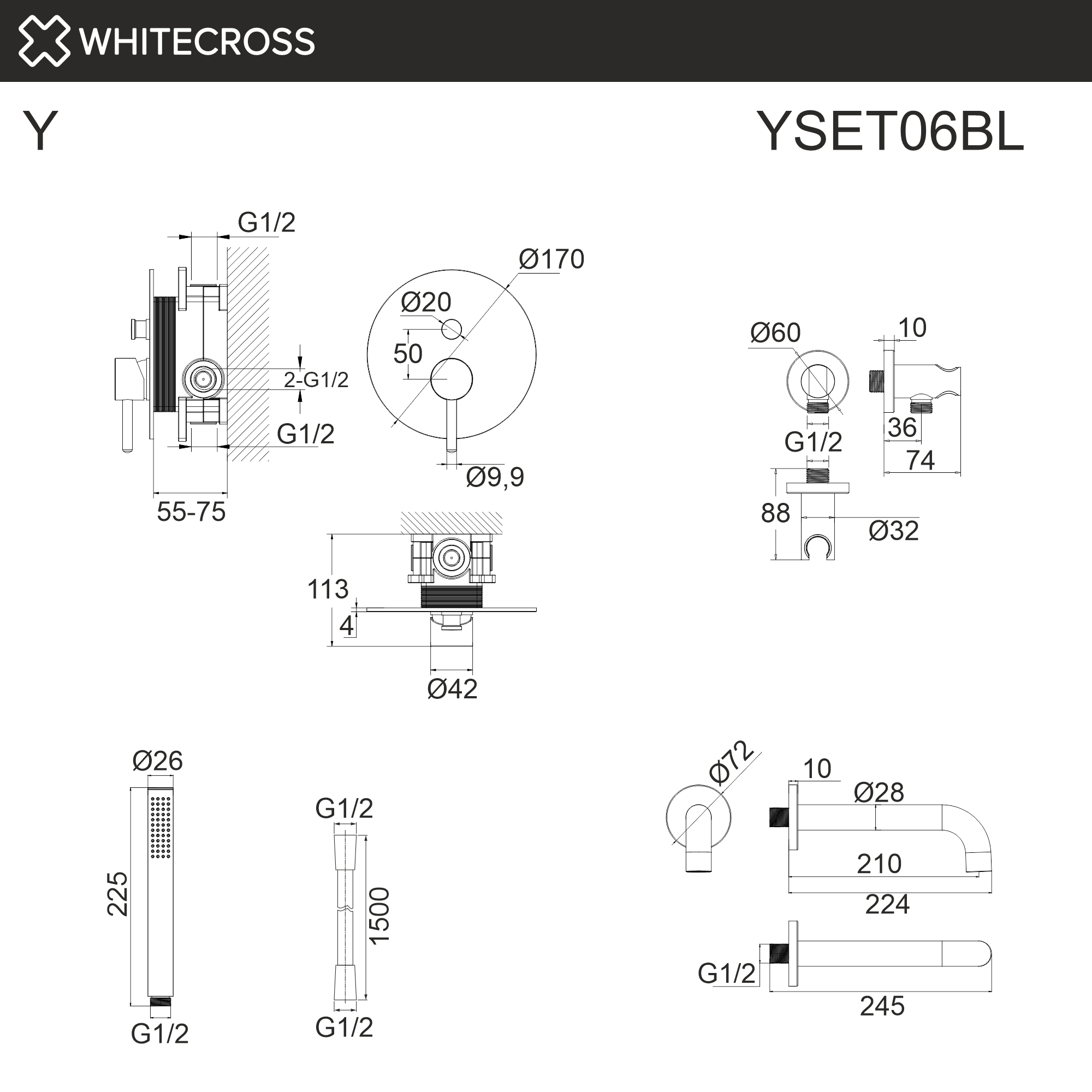 Система для ванны скрытого монтажа WHITECROSS YSET06BL (черный мат)