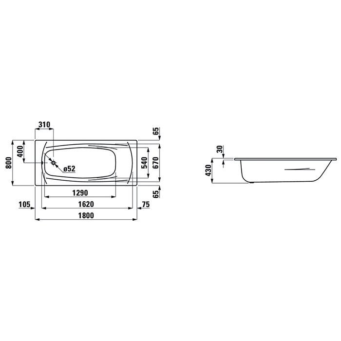2.2510.3.600.040.1 Laufen Palladium Ванна стальная встраиваемая, 180x80см., с антискользящим покрытием, цвет: белый