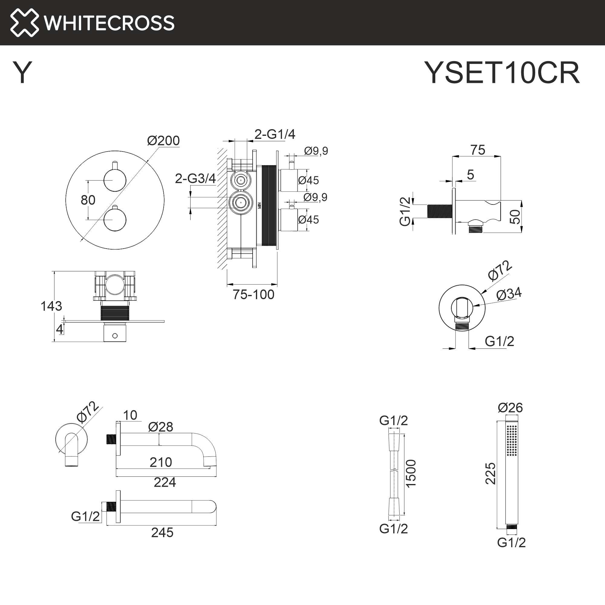 Термостатическая система для ванны скрытого монтажа WHITECROSS YSET10CR (хром)