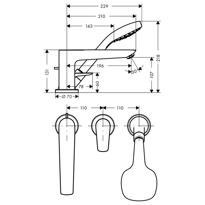 Hansgrohe Talis E Смеситель на край ванны, на 3 отв., с ручным душем, цвет: хром 71730000
