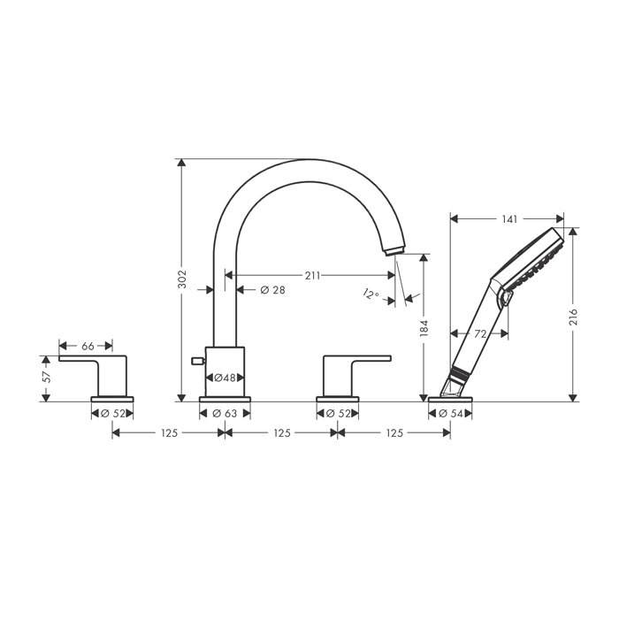 Hansgrohe Vernis Shap Смеситель на край ванны, на 4 отв, цвет: хром 71459000