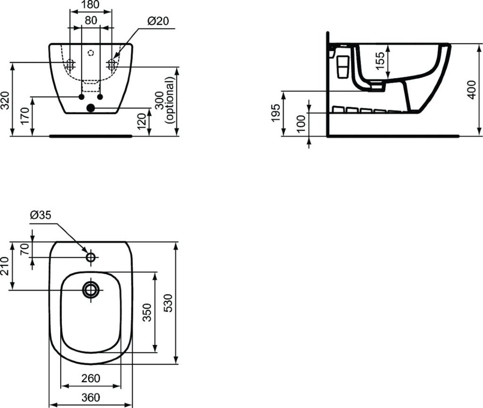 Подвесное биде с отверстием под смеситель Ideal Standard TESI T3552V3