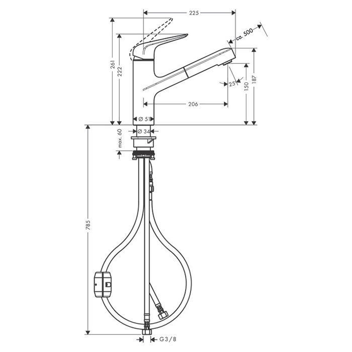 Hansgrohe Focus Смеситель для кухни, однорычажный, , на 1 отв., с выдвижной лейкой, 50см. мax., цвет: хром 71814000