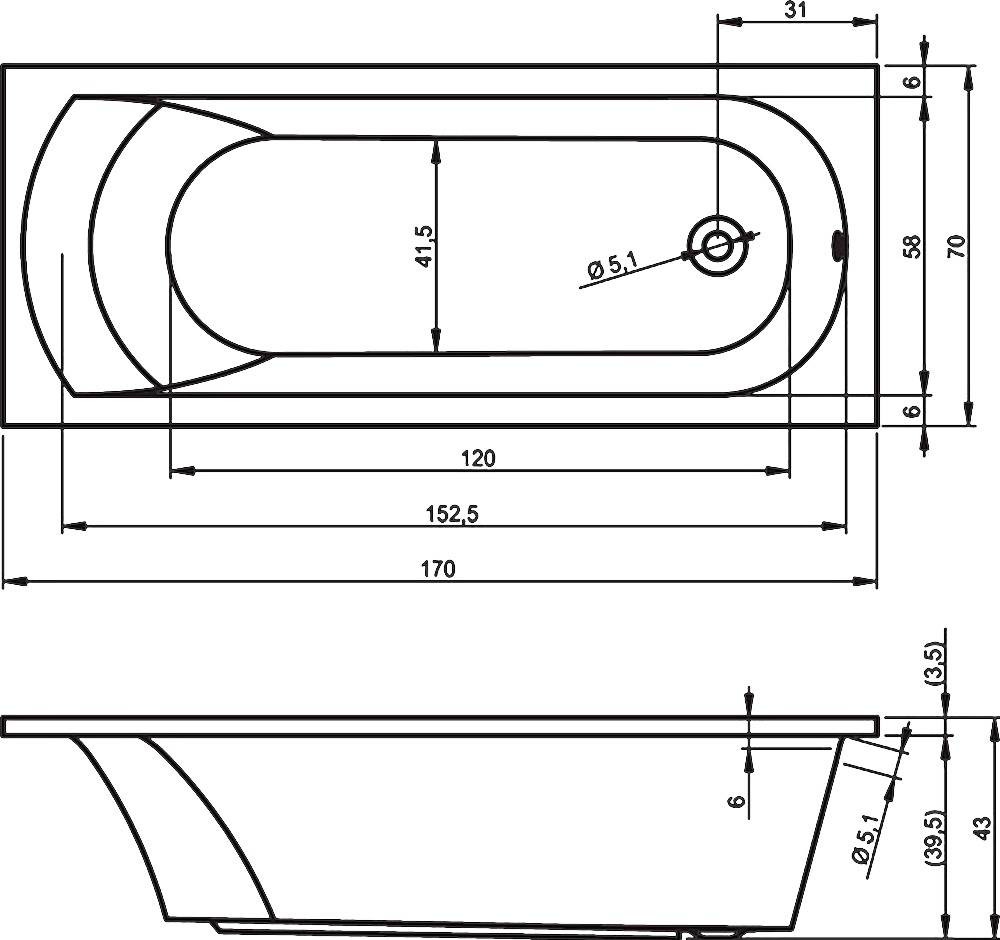 Ванна акриловая 170x70 RIHO Miami BB6200500000000