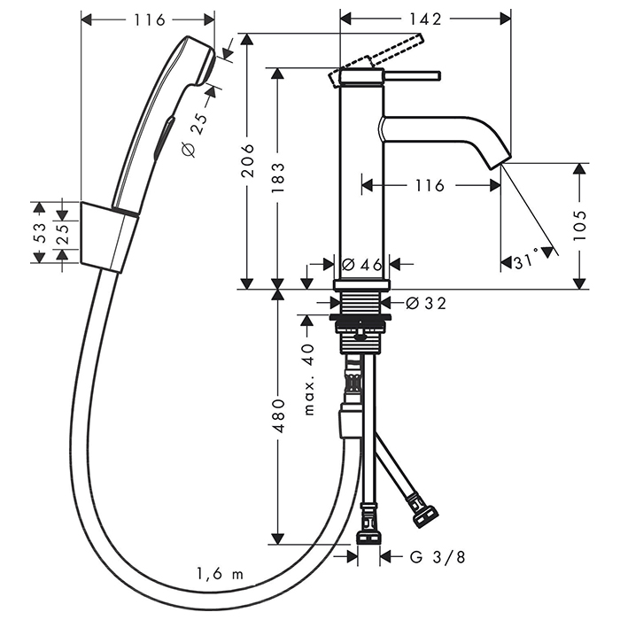 73211670 Hansgrohe Tecturis S Смеситель для раковины, 1 отв., EcoSmart+, с гигиеническим душем и шлангом 160см., цвет: черный матовый