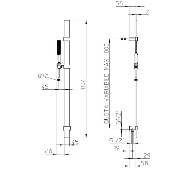 Bossini Apice Душевая штанга FLAT из латуни 110см., душевая лейка ,шланг Cromolux 150см, цвет: хром D48088.030