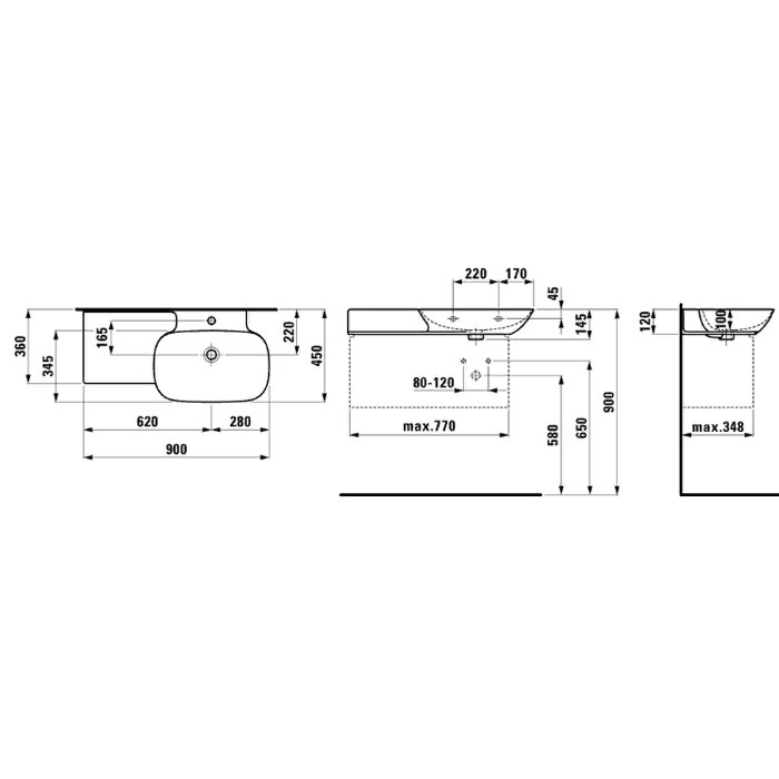 Laufen INO Раковина 90х45х12 см, 1 отв., полка слева, покрытие LLC, цвет: белый 8.1330.1.400.104.1