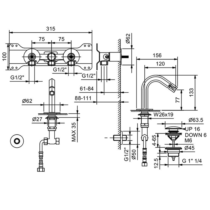 Fantini Venezia Смеситель для биде, 1 отв., излив: 120 мм, цвет: Matt Copper PVD 29 P9 N411SB