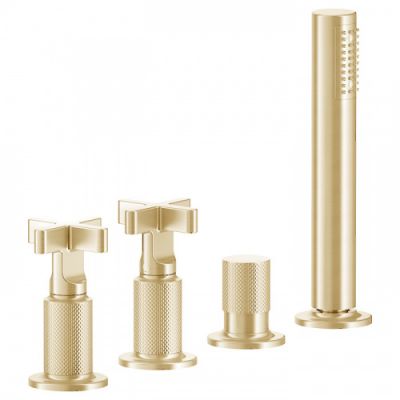 Gessi Inciso Смеситель для ванны, на 4 отв., с переключатель потоков, шланг 150см, и ручным душем, цвет: золото 58143#246