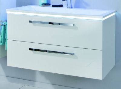 Puris Star line 90 см: зеркало с Led подсветкой, тумба (2 ящика) и белая раковина из мин литья, цвет мебели белый глянцевый