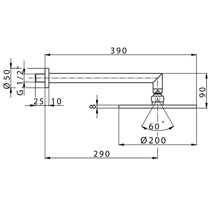 CISAL Shower Верхний душ D200 мм с настенным держателем L290 мм, цвет хром DS01319021