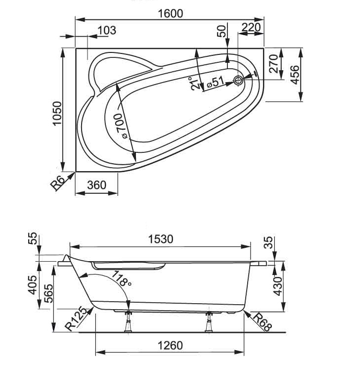 Акриловая ванна 160x105 VAGNERPLAST SELENA 160 Right