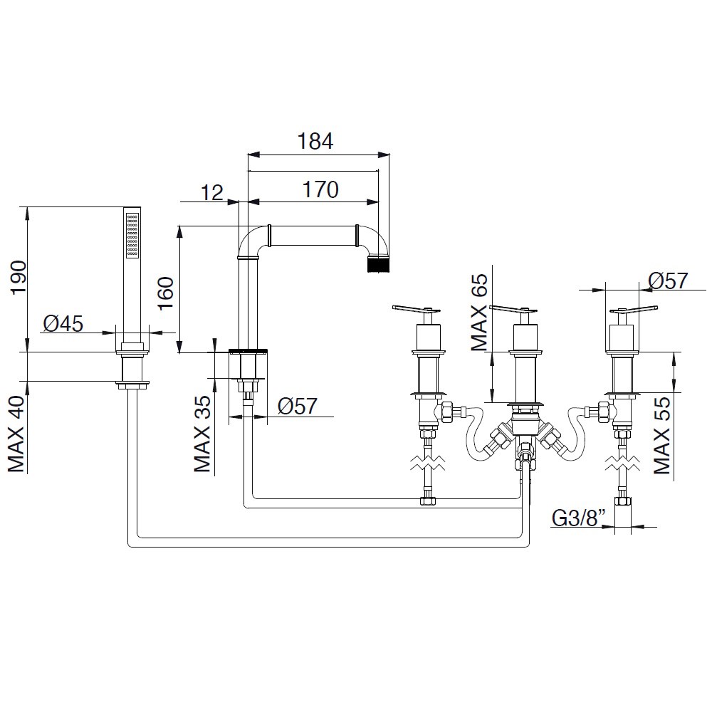 79138484 Palazzani Industrial Gas  врезной смеситель для ванны и душа, Шлифованная латунь, PVD 84
